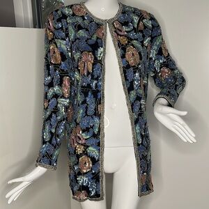 Black Tie Oleg Cassini Sz S Beaded Silk Evening Duster Jacket